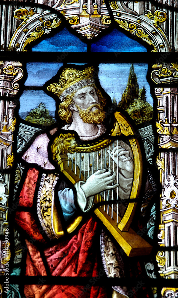 King David with a harp in stained glass
