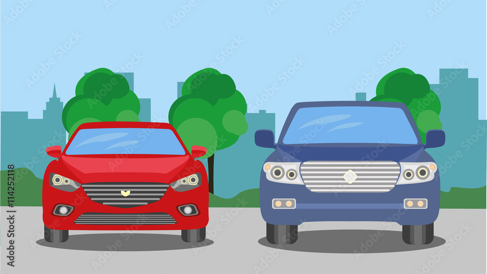 Automobile on the background of the city. Vector illustration.