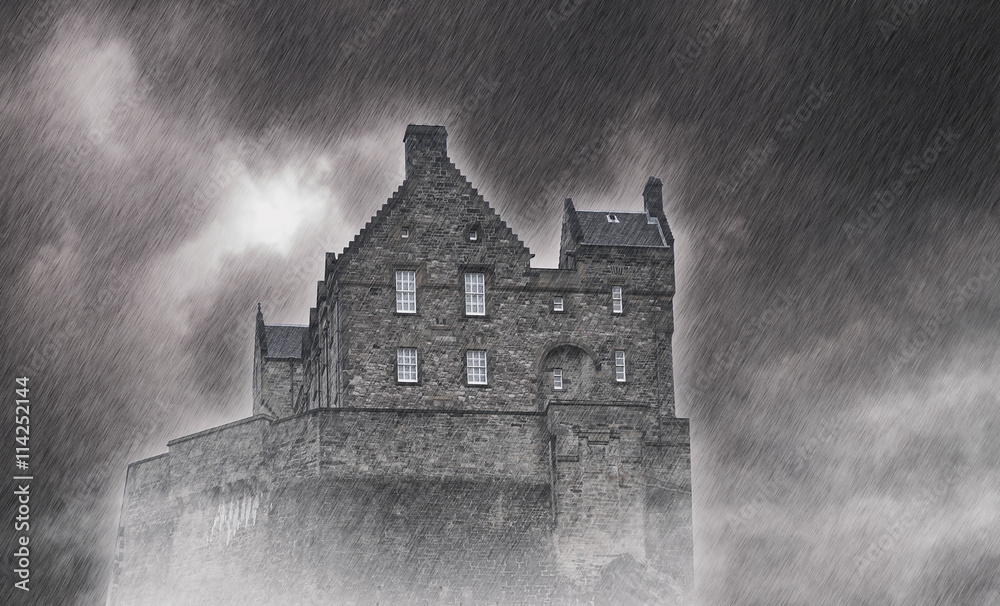 The big old stone Castle on the Rock during the heavy storm and rain - black and white picture The big old stone Castle on the Rock during the heavy storm and rain - black and white picture