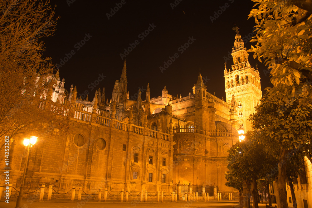 Lights on the Gothic cathedral in Seville