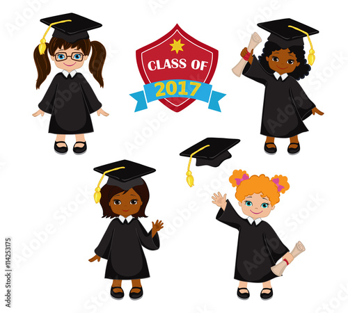 Girls. Set of children in a graduation gown and mortarboard.