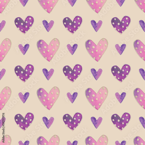 Cute watercolor purple hearts with polka dot, hand drawn illustration, seamless pattern