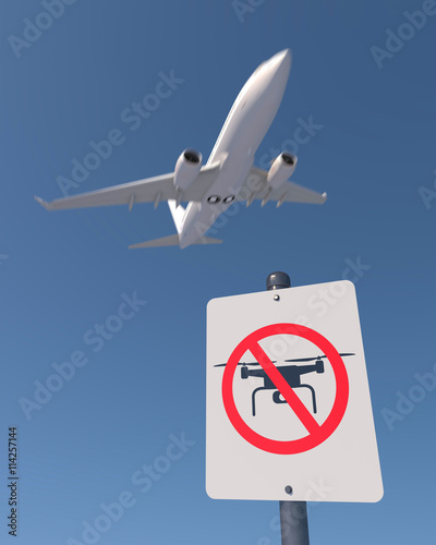 3D render of airliner and a no drone zone sign. Generic aircraft with no markings; lens flare, depth-of-field and motion blur for dramatic effect.