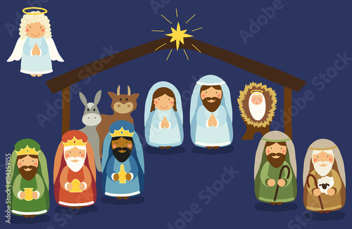 Cute hand drawn characters of Nativity scene can be used as Christmas school play banner