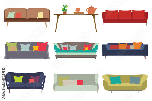 Sofas Set. Furniture for Your Interior Design. Flat Vector Illustration. Top, Front and Side View.