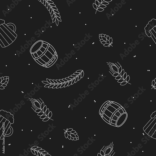 Seamless pattern of random beers, ears, hop, pretzels against a black background. For packaging beer, bread and flour products in your cafe, bar, pub, tavern, brewery, restaurant.