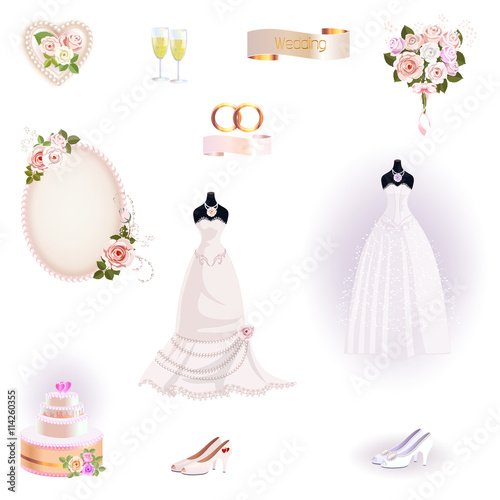 Collection of wedding elements. Wedding attributes and accessories on a white background.
