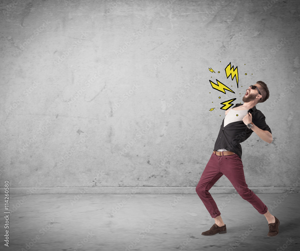 Funny hipster in fashion clothing shouting Funny hipster in fashion clothing shouting