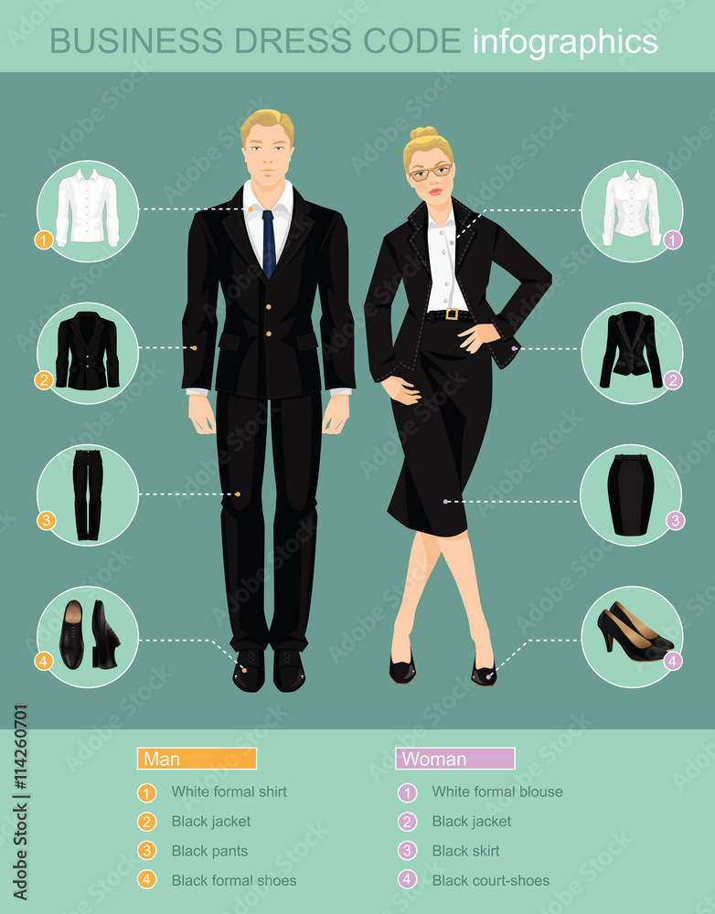 Business dress code infographics. Man and woman in official black suits  isolated on color background. Vector illustration of people in formal  clothes. Pair of black shoes. Stock Vector