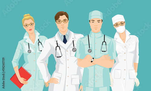Group of medical people isolated on color background. Serious man and woman in glasses. A young doctor in medical gown and hat isolated on white background. 