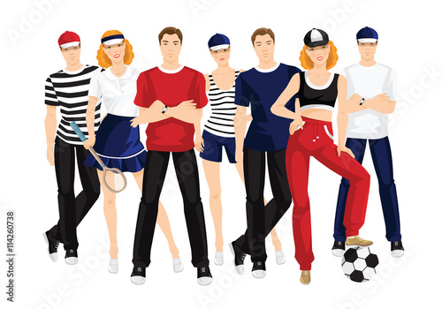 Vector illustration of young man in sportswear isolated on white background. Group of people in clothes for sport or fitness 