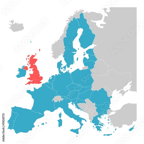Brexit theme map - map of Europe with highlighted EU member states and United Kingdom in different color. Vector illustration. Simplified map of European Union.