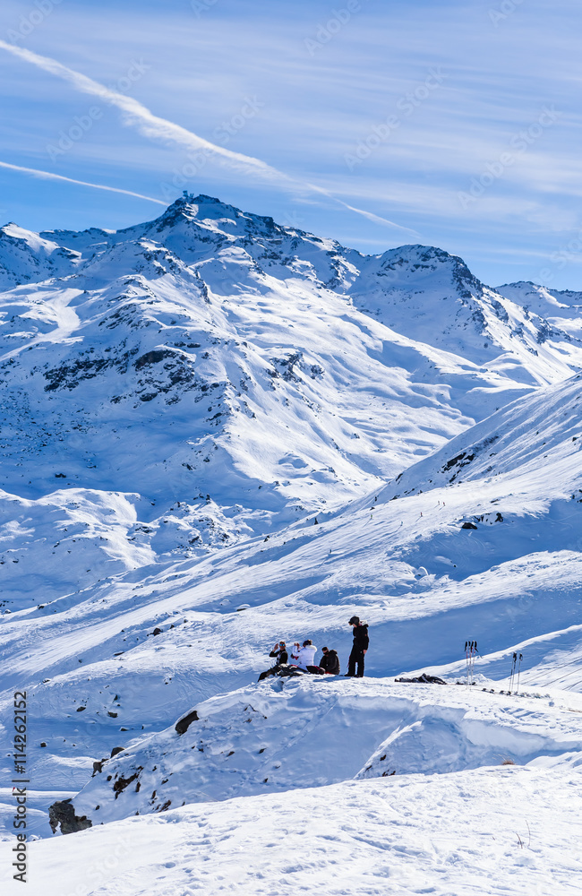 Skiers on the slopes of the ski resort of  Val Thorens. France