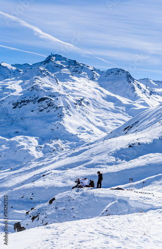 Skiers on the slopes of the ski resort of  Val Thorens. France © Nikolai Korzhov