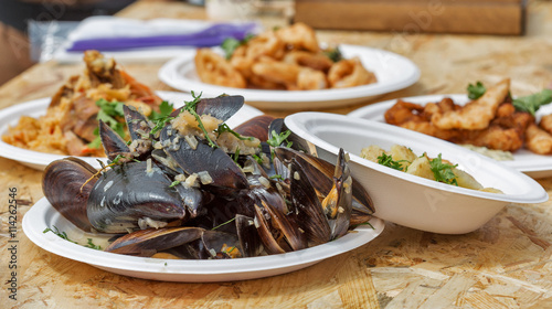 plate with street food mussels and other dishes outdoor