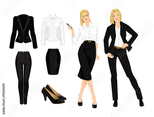 Vector illustration of business lady or professor in formal black suit. Serious blonde girl in glasses. Corporate dress code. Black uniform for women. 