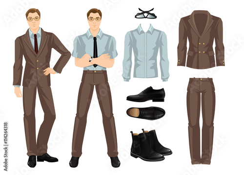Vector illustration of business man or professor in official brown formal suit. Base wardrobe. Black formal shoes. Brown oxford shoes. Young man in glasses.
