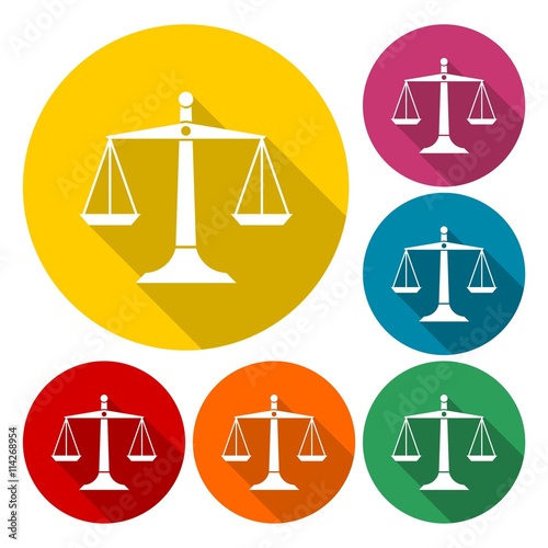 Vector scales of justice icons set with long shadow