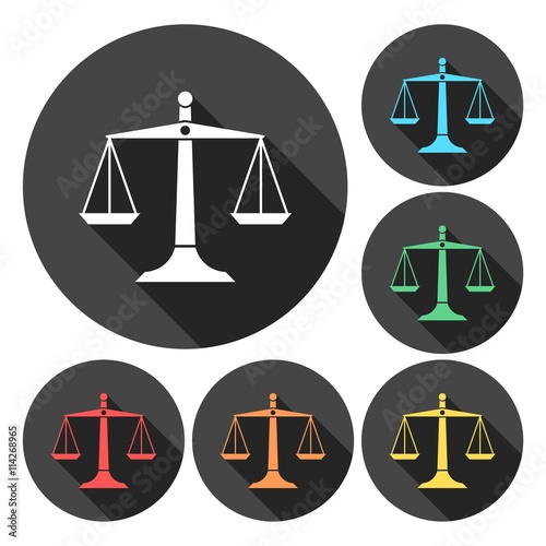 Vector scales of justice icons set with long shadow