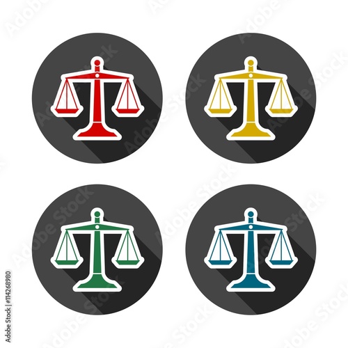 Vector scales of justice icons set with long shadow