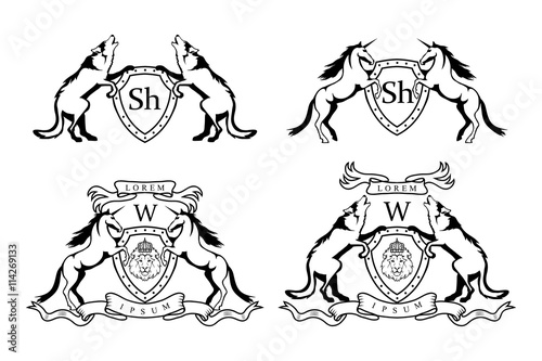 set of  Heraldry Unicorn and wolf logo