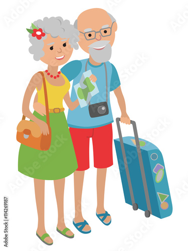 Vector illustration of elderly couple traveling isolated on white background in flat style. Elderly man and woman grandparents with suitcase and bags.