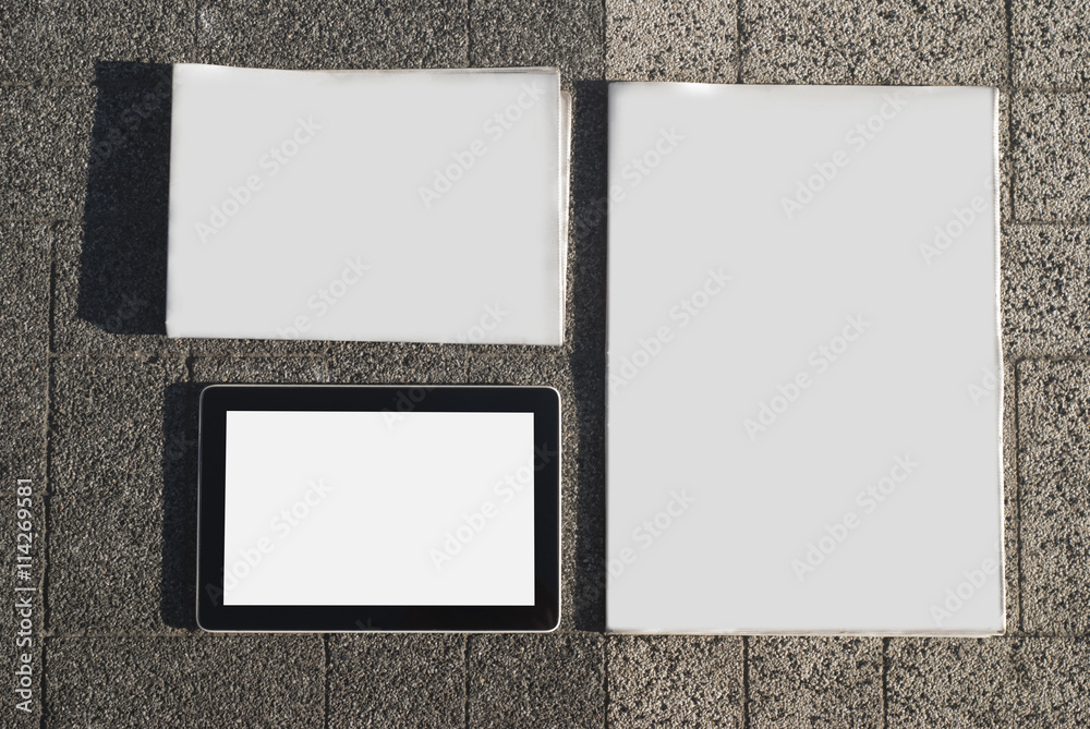 Fototapeta premium MockUp of the newspaper on the floor. Layout of newspapers for your design.