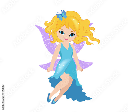 Illustration of a beautiful blue fairy in flight Isolated on white background.