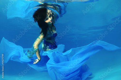 Woman presenting underwater fashion in pool photo