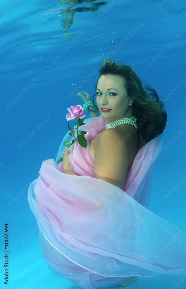 Woman presenting underwater fashion in pool Woman presenting underwater fashion in pool