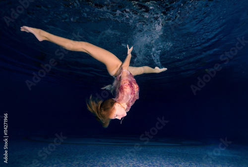 Woman presenting underwater fashion in pool photo