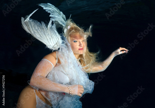 Underwater model presenting fashion in pool photo