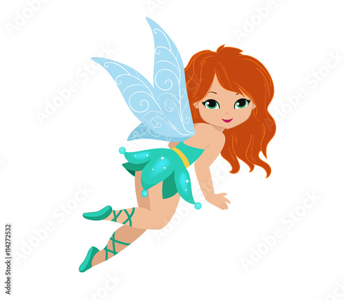 Illustration of a beautiful turquoise fairy in flight Isolated on white background.
