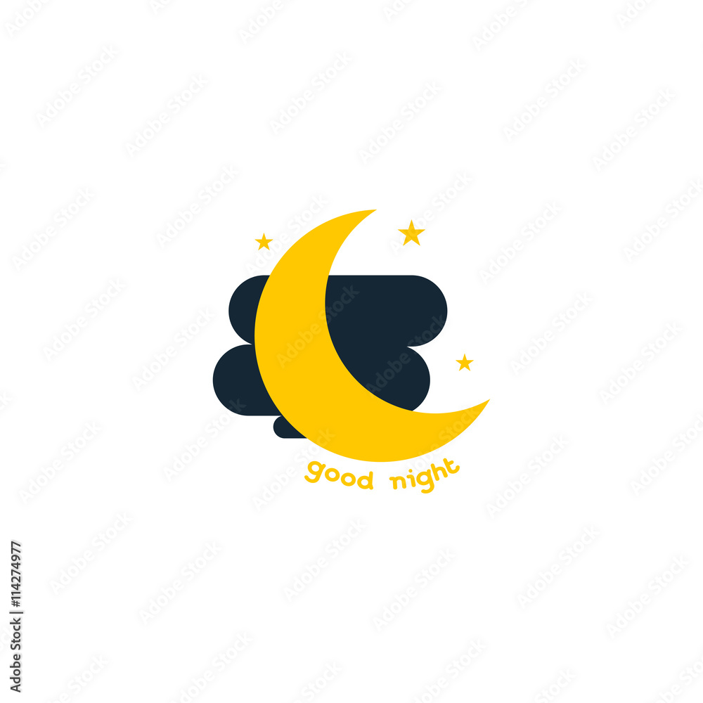 Good evening icon. Yellow moon on black clouds. Modern style.