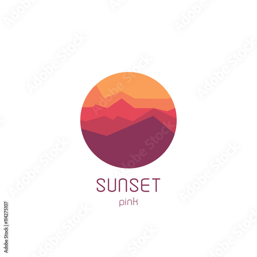 Isolated round sunset vector logo. Mountains silhouette. Minimalistic evening sky.