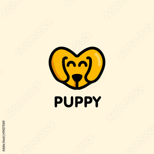 Isolated brown vector puppy muzzle logo. Cute heart shape cartoon dog logotype.
