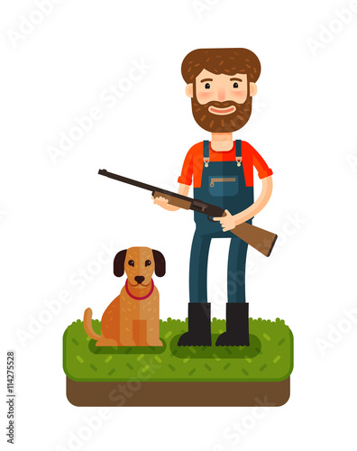 Hunting. Happy hunter standing with a gun in his hands. Cartoon vector illustration