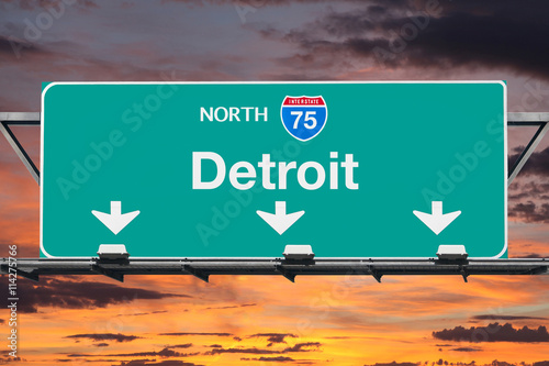 Detroit Interstate 75 North Highway Sign with Sunrise Sky