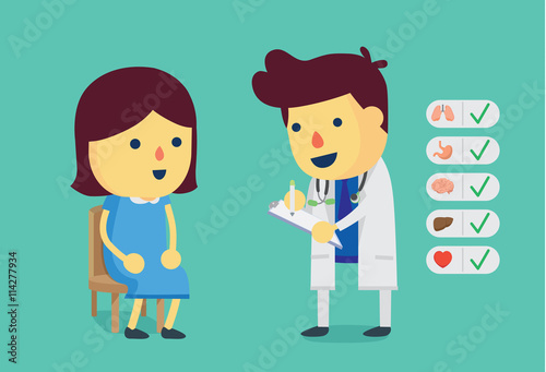 Woman visiting the doctor for check her inner organs health include brain, lung, stomach, liver and heart. This illustration about health care.