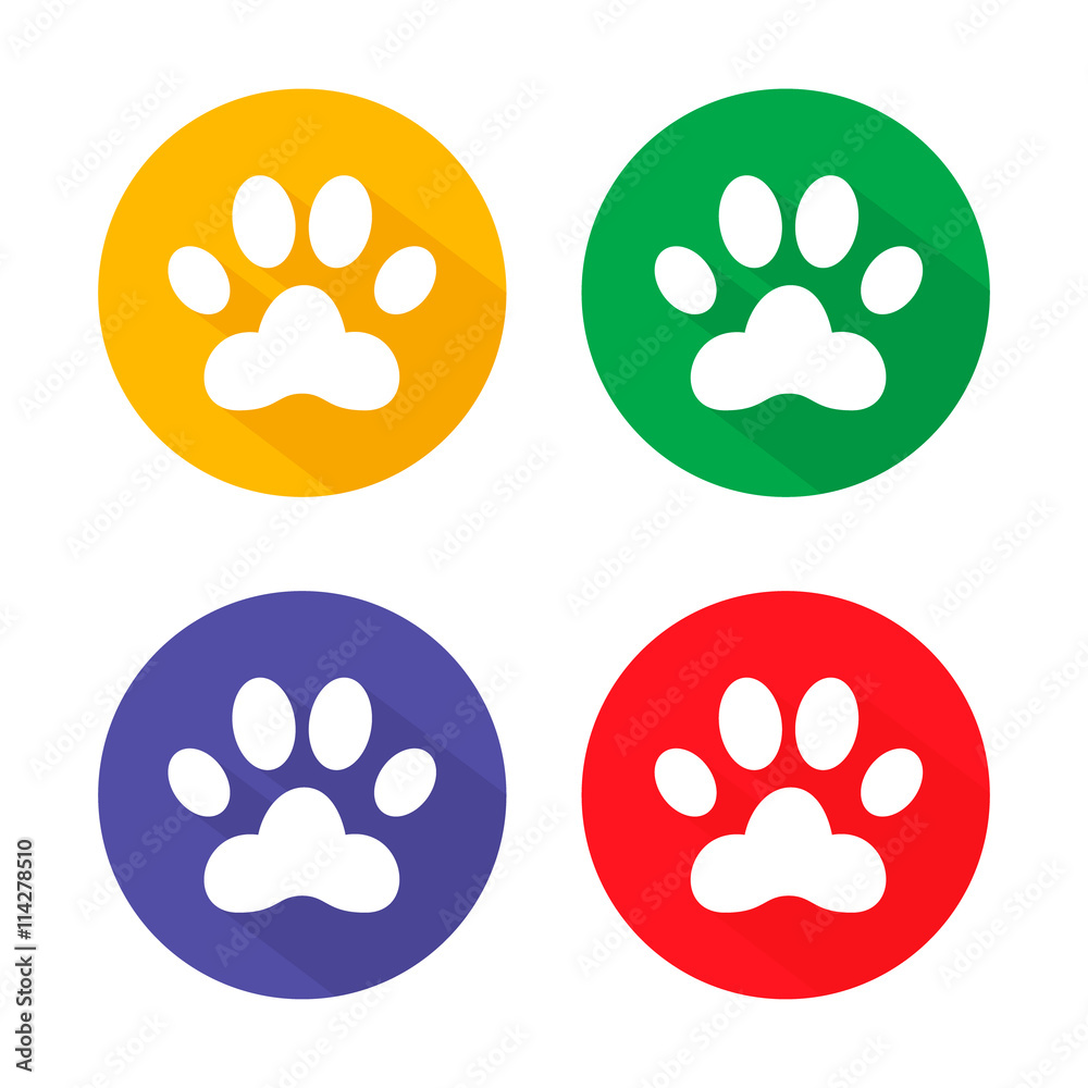 Dog paw sign icon. Pets symbol. Circle buttons with long shadow. 4 icons set. Vector Dog paw sign icon. Pets symbol. Circle buttons with long shadow. 4 icons set. Vector