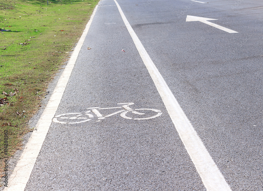 Obraz premium Bicycle symbol on street, bike lane, road for bicycles(select focus symbol Bicycle)