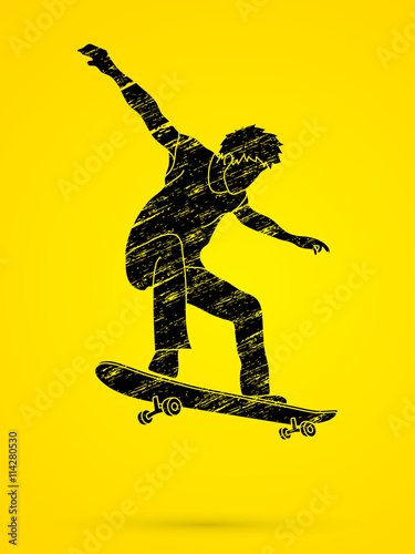 Skateboarders jumping designed using black grunge brush graphic vector.