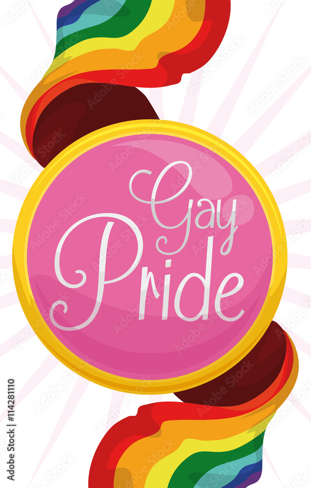 Pink Button with Rainbow Ribbons for Gay Pride, Vector Illustration