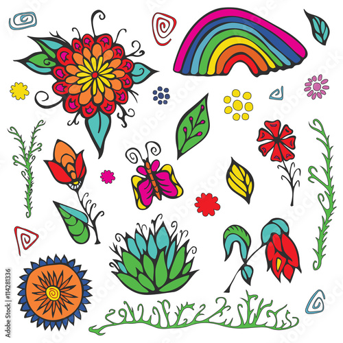 summer day elements set with flowers, rainbow and butterfly. sto