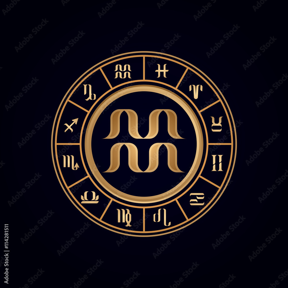 Aquarius ,Luxury 12 Zodiac wheel cycle sign, designed using gold line color on dark blue background, logo, symbol, icon, graphic, vector.