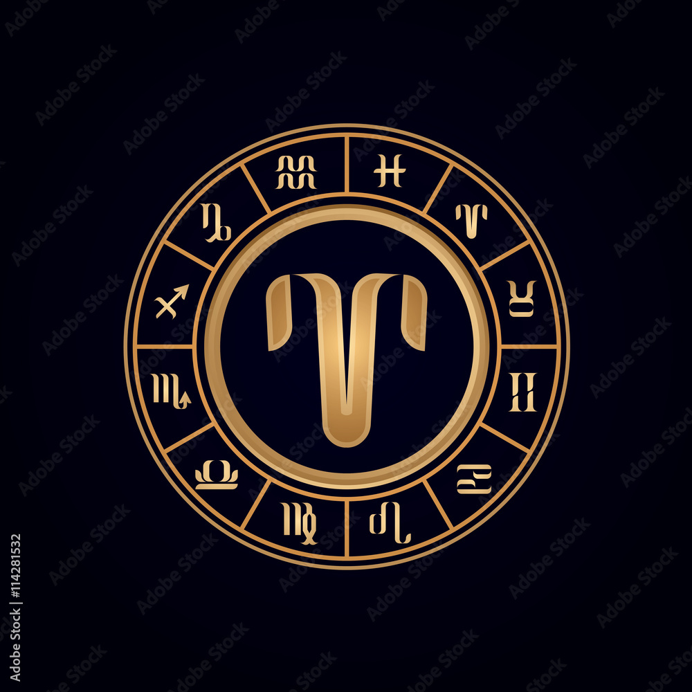 Fototapeta premium Aries ,Luxury 12 Zodiac wheel cycle sign, designed using gold line color on dark blue background