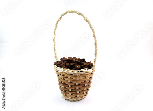 Coffee beans in a basket isolated on white background.