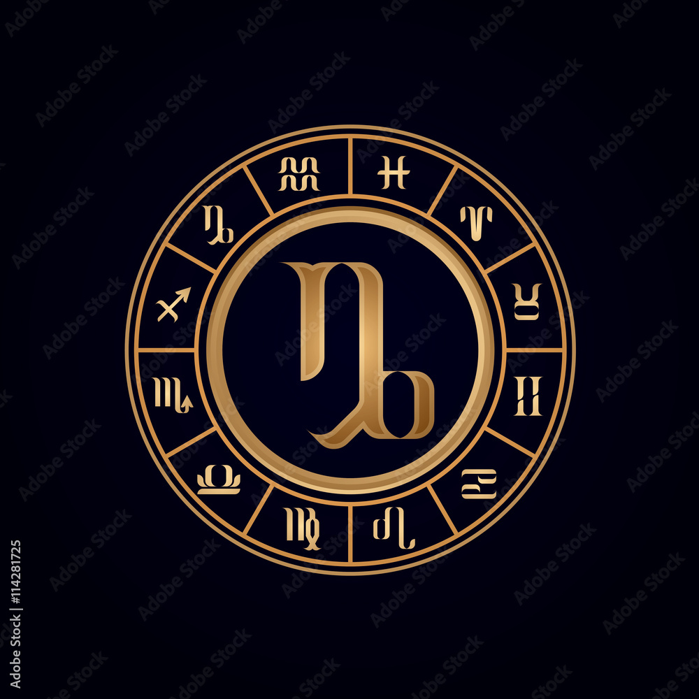 Capricorn ,Luxury 12 Zodiac wheel cycle sign, designed using gold line color on dark blue background