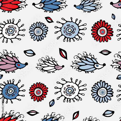 seamless cartoon pattern with flowers and hedgehog. stock vector