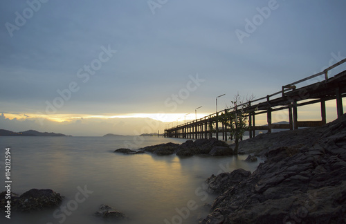 The wood bridge on sunset time in beautiful day  Ranong Thailand  